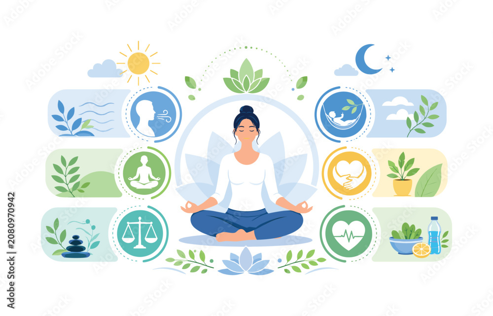 Fototapeta premium Meditation infographic with seated person, calm icons and wellness guidance layout, meditation, infographic, person, wellness,