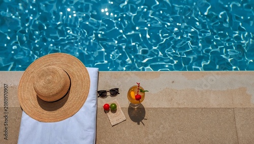 Relaxing by the Pool With a Drink on a Sunny Day Enjoying Leisure Time and Wa...