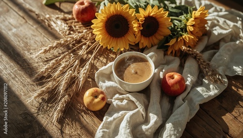 Sunflowers and Coffee on a Wooden Table With Fruits and Wheat in Morning Light
