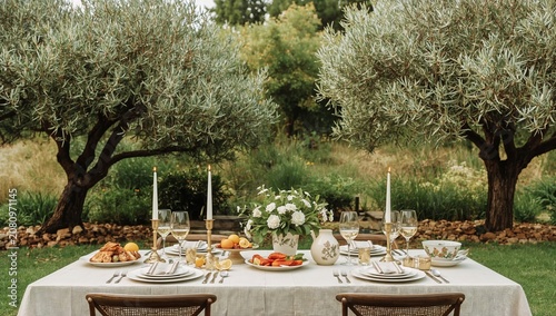 Elegant Outdoor Dining Setup Under Olive Trees During Daylight