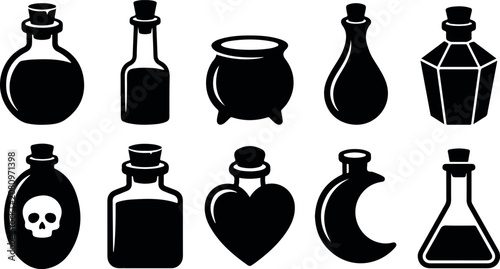 Witch cauldron and magic potion bottles silhouettes collection. Halloween alchemy elements featuring skull poison bottle, heart flask, crescent moon jar, and laboratory beaker.