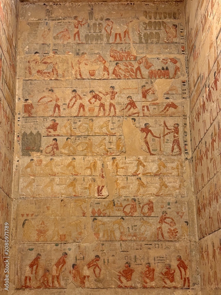 Fototapeta premium A view from the Mastaba of Ti, located in the Saqqara Pyramids area of ​​Egypt. The person buried in this tomb was a royal architect and administrator from the 5th Dynasty.