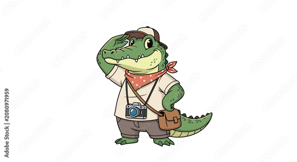 Obraz premium Cute cartoon crocodile character dressed as a safari explorer saluting with camera and cross body shoulder bag.