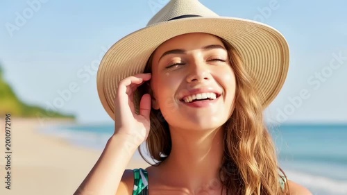 Smiling young woman in a widebrim sun hat enjoying a tropical beach candid portrait sequence showing laughter, relaxed gestures, and sunlit leisure moments