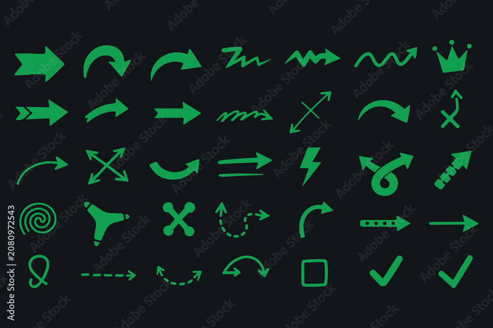 Obraz premium Variety of green hand drawn arrows and symbols on black background vector.