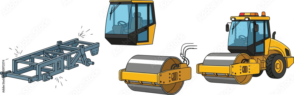 Naklejka premium Yellow road roller construction vehicle components isolated on a white background flat design