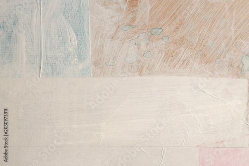 Torn, ripped blot crack crumble frame collage paper pieces. Gray, beige white copy space grunge relief texture poster blank background.