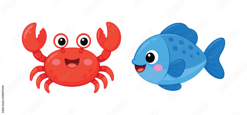 Obraz premium Cute cartoon crab and fish characters smiling and waving hello