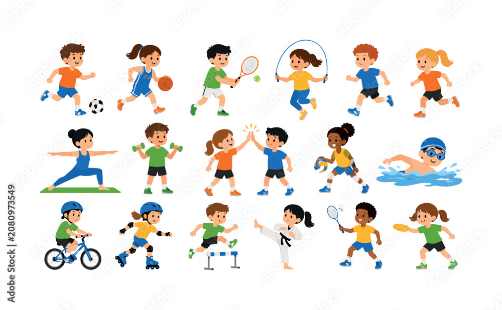 Fototapeta premium Children sports actiity icon set with kids playing, running and exercising together, children, sports, icons, kids, playing,