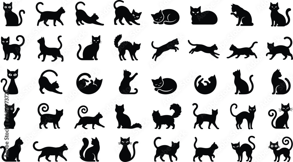 Fototapeta premium Black Cat Silhouette Icons Collection with Playful Poses Vector Set Bundle