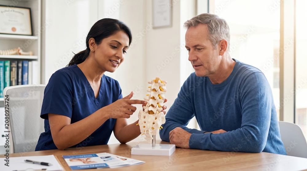 Fototapeta premium Physical therapist explaining lower spine model to patient