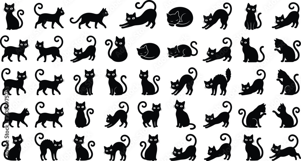 Obraz premium Black Cat Silhouette Collection Featuring Various Poses Vector Icon Set Bundle