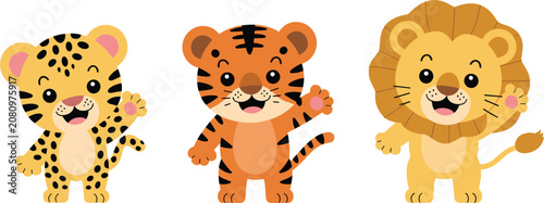 Canvas Print Cute cartoon baby wild cats vector set, happy waving tiger lion and leopard char
