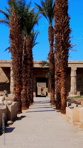 Seti I mortuary temple entrance with palm tree alley and ancient stone ruins in