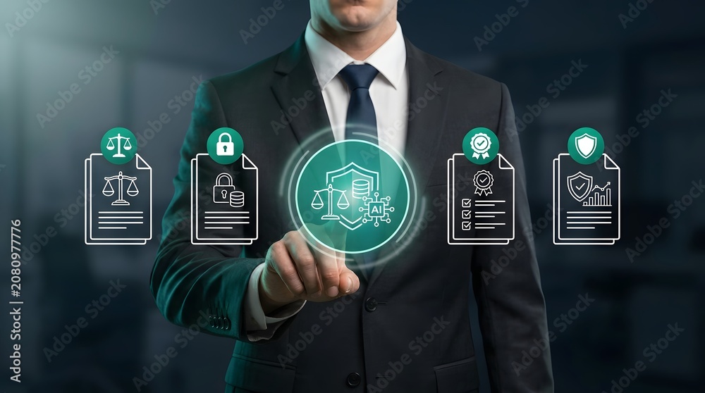Obraz premium Businessman touches a glowing digital interface displaying artificial intelligence legal compliance icons to manage corporate data security and regulatory frameworks.