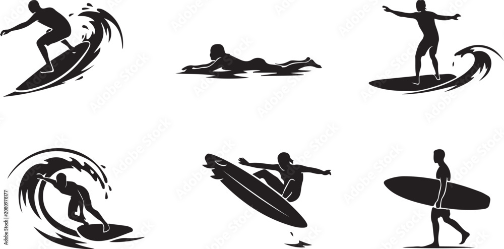 Obraz premium Surfing Silhouette, vector set of surfer. silhouette Vector illustration