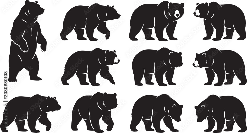 Obraz premium Black bear silhouettes, walking bears, animal icons, wildlife graphics, vector illustrations isolated on Transparent Background