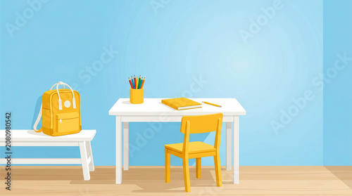 Back to school concept featuring empty classroom with yellow backpack on white bench, white desk with books, pencils, and yellow chair.