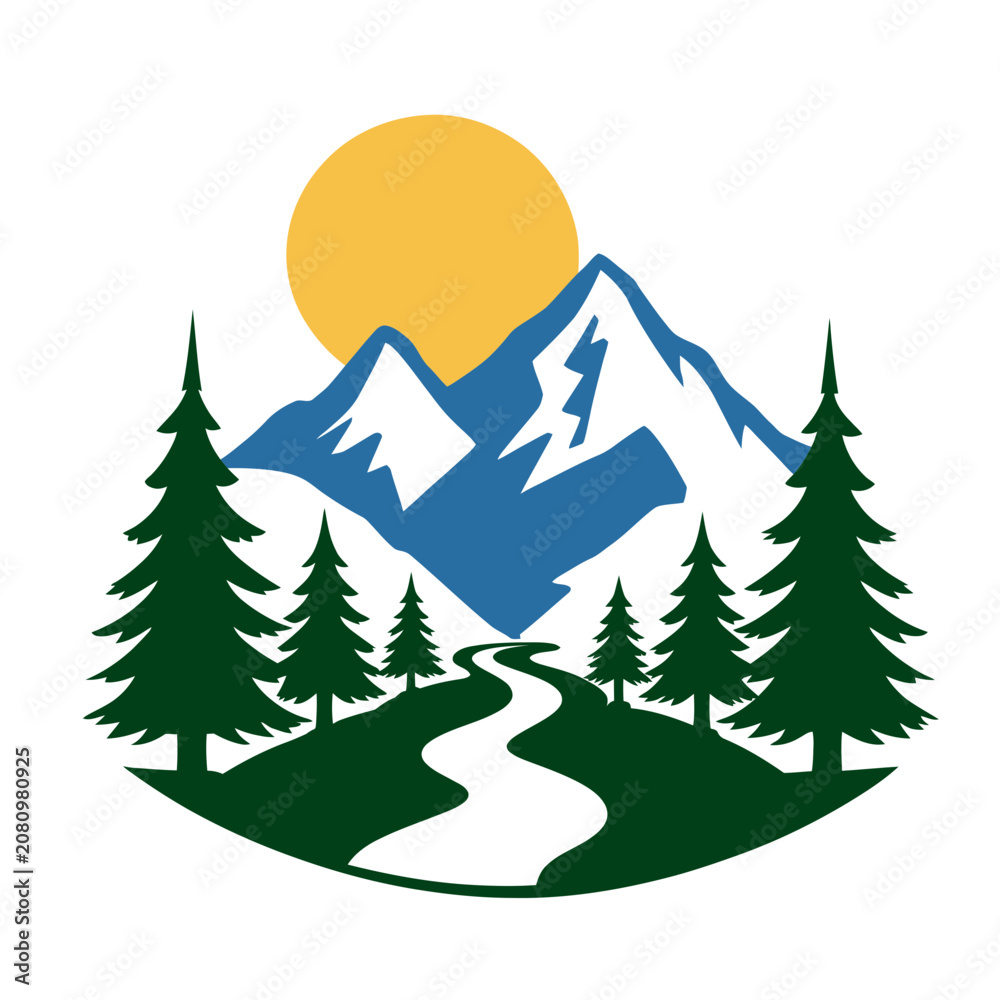 Fototapeta premium Mountains stand majestically beneath a bright sun with pine trees lining the path towards the snowy peaks to create a peaceful wilderness scene.