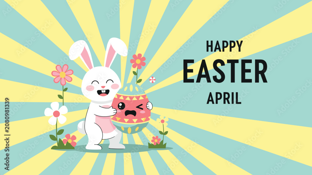 Fototapeta premium Adorable white bunny hugs a large decorated Easter egg against a yellow and blue sunburst background for April celebrations.