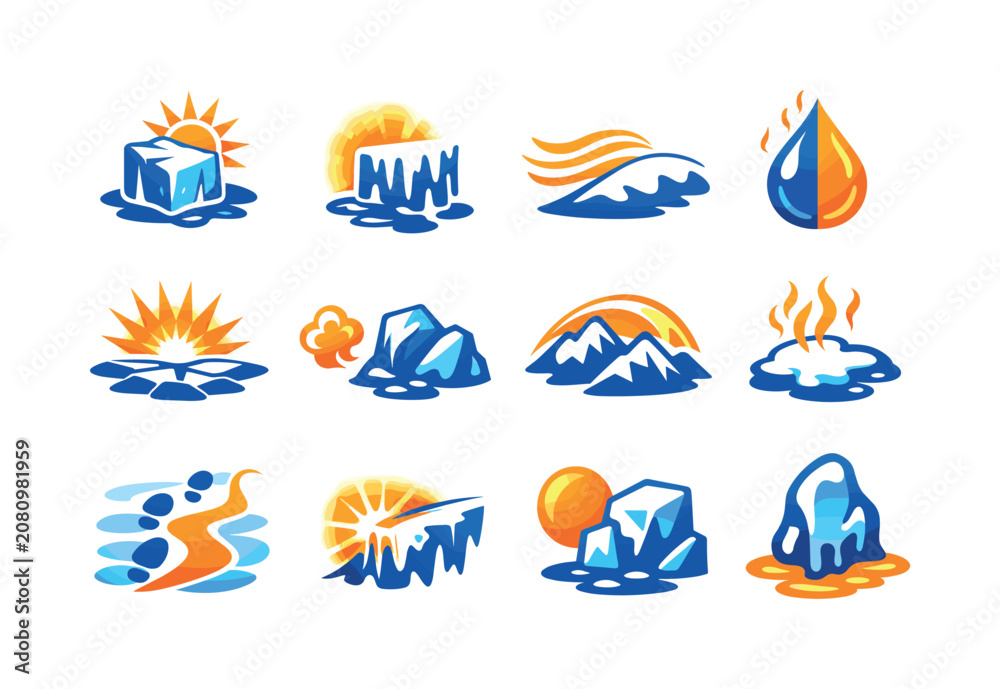 Fototapeta premium Collection of stylized icons representing natural elements like ice, sun, water, and mountains