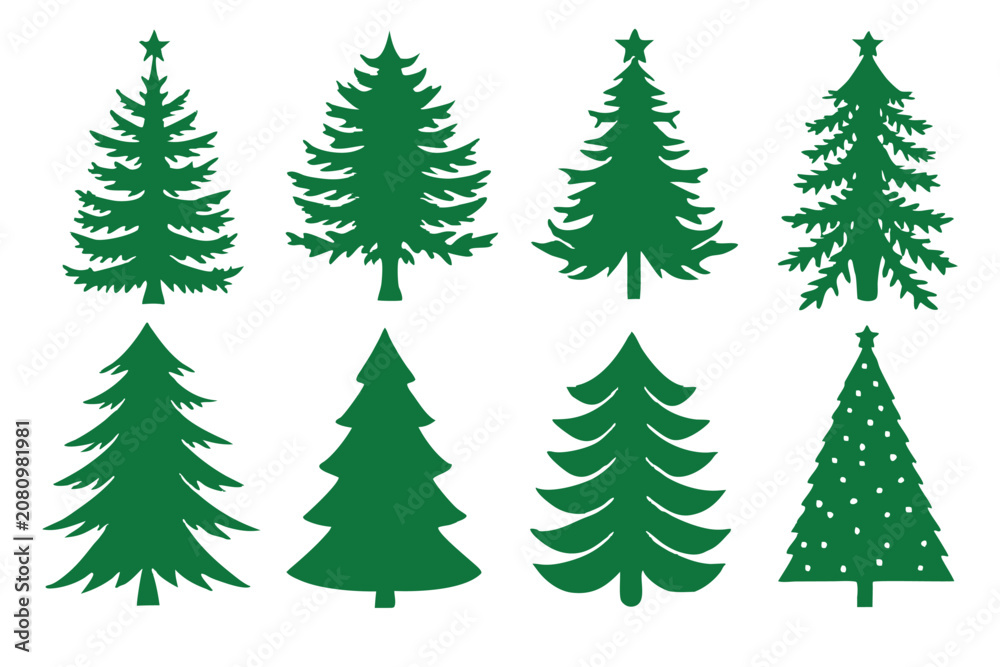 Obraz premium Set of green christmas tree silhouettes