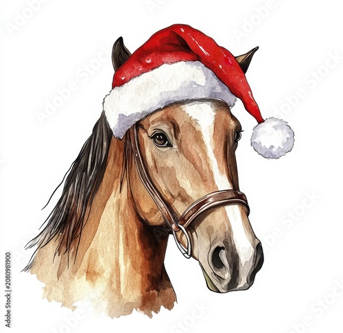 Watercolor horse with santa hat - festive christmas holiday animal portrait