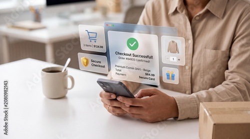 Person holding phone with successful online shopping checkout interface