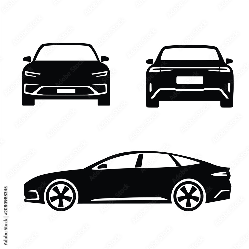 Fototapeta premium Modern Passenger Car Silhouette Vector Icon Set | Front Rear Side Views