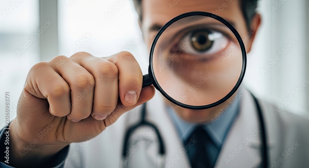Fototapeta premium Doctor examining with magnifying glass close up diagnostic concept