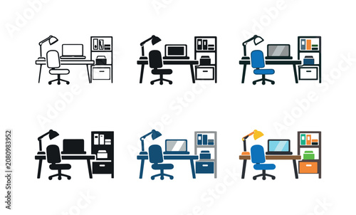 Set of modern office desk icons with laptop, lamp, and shelving units