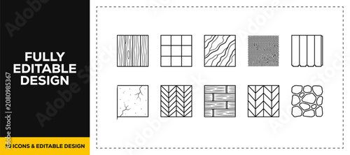 flat vector illustration line art icon bundle set design covering wood parquet flooring texture and surface patterns elements for modern digital app UI UX graphic project