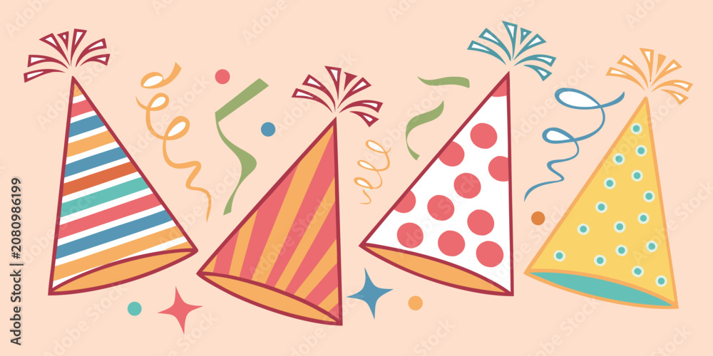 Obraz premium Set of colorful party hats with confetti and streamers on a light pink background, festive birthday celebration vector illustration