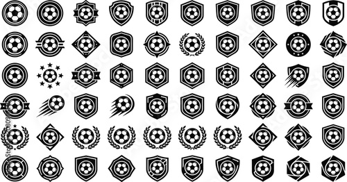 Football club emblem linear icons collection with circular laurel wreaths star clusters tournament banners and sports logos