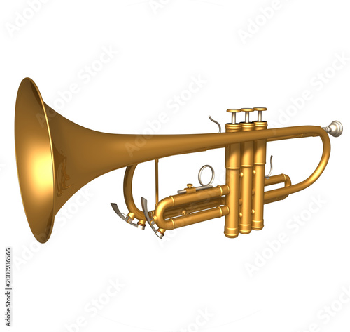 3D illustration of a Golden Trumpet. The trumpet is a brass instrument. The most common type of trumpet is a transposing instrument in B, with pitches sounding a whole step lower than written.