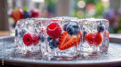Frozen berries in clear ice cubes for chilled beverage, concept of refreshing drinks and summer cooling