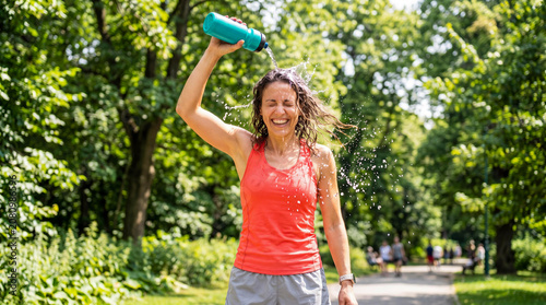 Runner pours water from a bottle over her head to cool down after a workout in the park on a sunny day