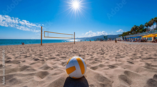 Volleyball on sandy tropical beach with net and bright sun, concept of summer sports and recreation