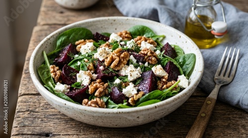 Fresh mixed leaf salad with nuts and vinaigrette dressing on wooden table.