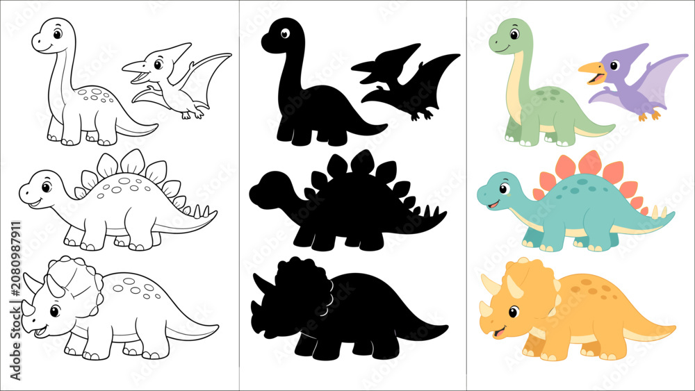 Fototapeta premium Cute cartoon dinosaurs collection with outlines, silhouettes, and colored versions