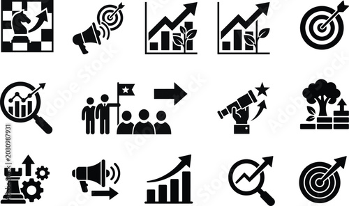 Business Growth Strategy and Marketing Solid Icons Set for Success and Analytics