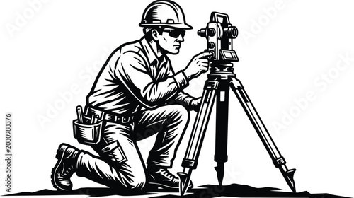 Konstfotografi Surveyor using a theodolite on a tripod for precise measurements