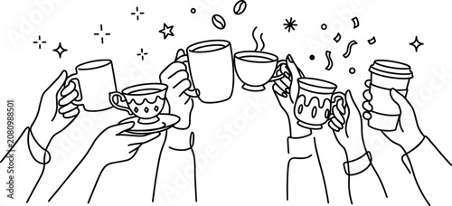 Coffee Cheers Line Illustration with Hands Holding Cups for Social Gathering Celebration