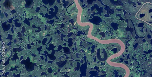 Fotografie Mackenzie River Tributary Lakes Satellite View, Canada