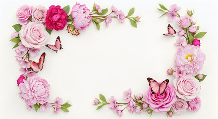 Floral frame with pink roses, peonies, and butterflies isolated on white background