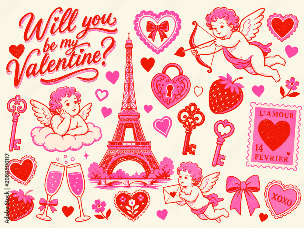 Obraz premium Will you be my Valentine? romantic Paris themed illustration with cupids and hearts