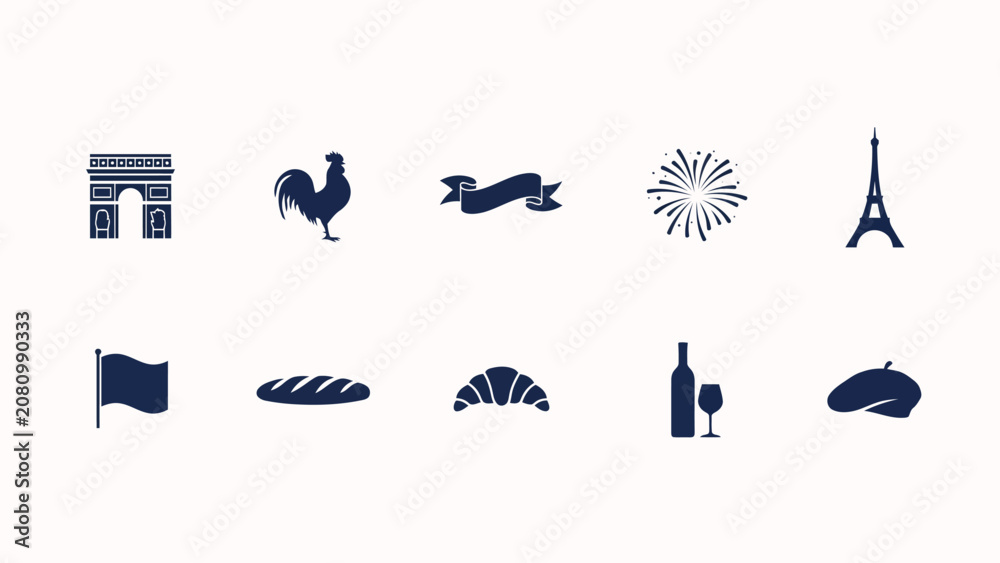 Fototapeta premium Elegant flat iconset celebrating european culture with architecture cuisine and traditions in minimalist vector style