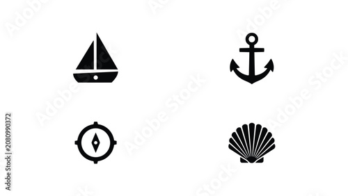 Bilde på lerret Minimalist nautical icon set featuring sailboat anchor compass and seashell for