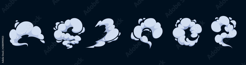 Fototapeta premium Manga smoke effect with motion trails. Comic cloud puffs and abstract steam elements in gray tones create cartoon atmosphere. Manga style vector graphic mist with swirling explosion fog.