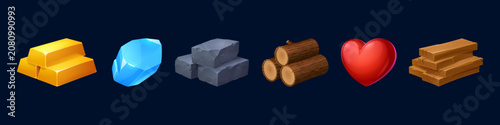 Εκτύπωση καμβά Game loot icon set in cartoon style with golden ingots, red heart and sparkling gemstone